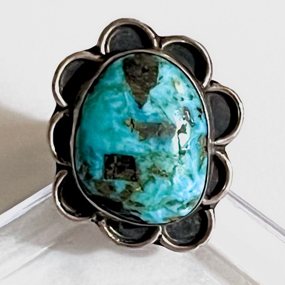 🦋🪺Vintage Navajo Sterling Silver Morenci Turquoise Ring size 6 1/4 - Picture 2 of 5